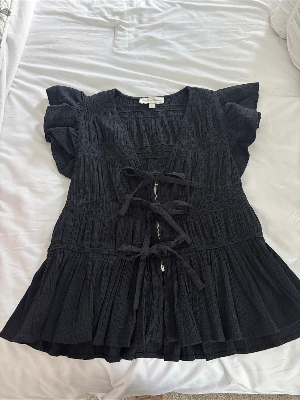 Black Tie-Front Peplum Blouse with Ruffled Sleeves